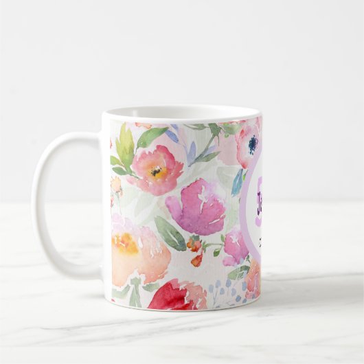 50歳の誕生日シックなboho水色ピンクの花 コーヒーマグカップ (左)