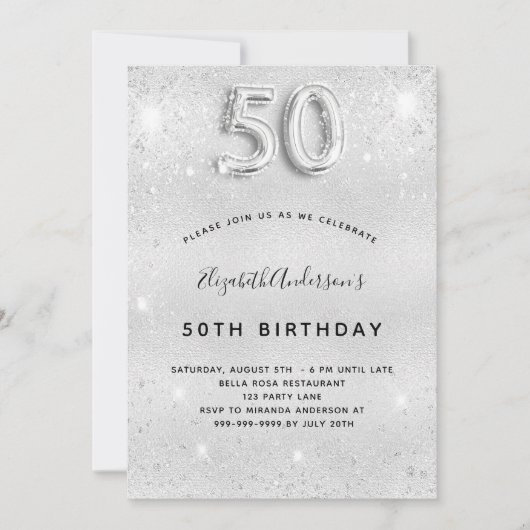 50歳の誕生日シルバーグリッターグラマラス 招待状 (正面)