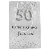 50歳の誕生日シルバーグリッター ミディアムペーパーバッグ (正面)