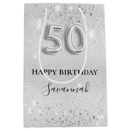 50歳の誕生日シルバーグリッター ミディアムペーパーバッグ