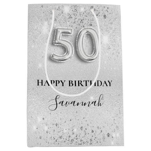 50歳の誕生日シルバーグリッター ミディアムペーパーバッグ (正面)