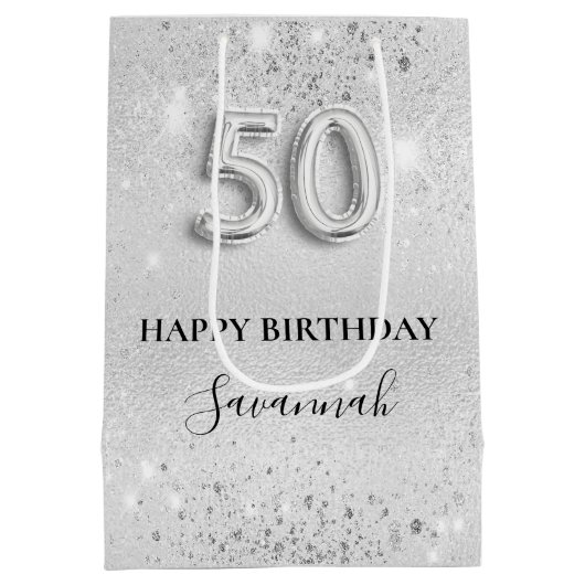 50歳の誕生日シルバーグリッター ミディアムペーパーバッグ (裏面)