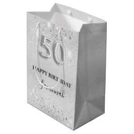 50歳の誕生日シルバーグリッター ミディアムペーパーバッグ