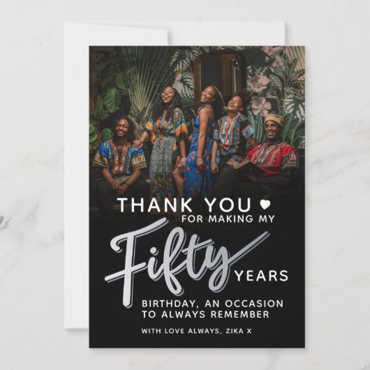 50歳の誕生日シルバーブラック50枚の脚本写真 サンキューカード (正面)