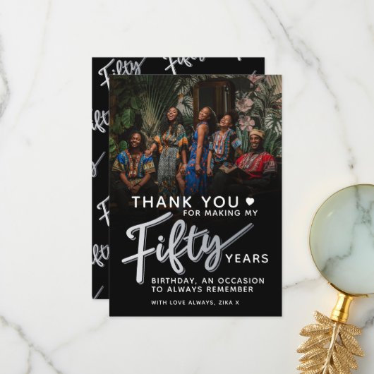 50歳の誕生日シルバーブラック50枚の脚本写真 サンキューカード (正面/裏面インサイチュ)