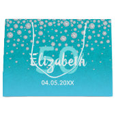 50歳の誕生日ティール（緑がかった色）ブルーグリーングリッター名ダイヤモンド ラージペーパーバッグ (正面)