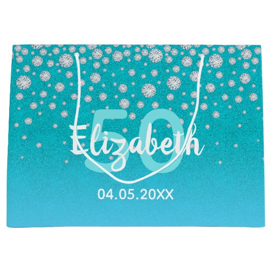 50歳の誕生日ティール（緑がかった色）ブルーグリーングリッター名ダイヤモンド ラージペーパーバッグ (正面)