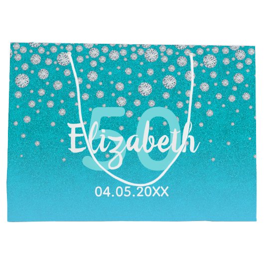 50歳の誕生日ティール（緑がかった色）ブルーグリーングリッター名ダイヤモンド ラージペーパーバッグ (裏面)