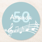 50歳の誕生日ティール（緑がかった色）ブルーネーム音楽ノート ラウンドペーパーコースター (正面)