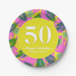 50歳の誕生日トロピカルイエローカラフルステッカー ペーパープレート