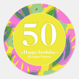 50歳の誕生日トロピカルイエローカラフルステッカー ラウンドシール