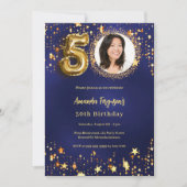 50歳の誕生日ネイビーブルー金ゴールドスター写真ラグジュアリー 招待状 (正面)