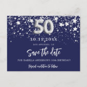 50歳の誕生日ネイビー・ブルー・シルバー・スターズがデートを除く 案内ポストカード (正面)