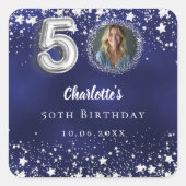 50歳の誕生日ネイビー・ブルー・シルバー・スターズの写真 スクエアシール (正面)