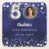 50歳の誕生日ネイビー・ブルー・シルバー・スターズの写真 スクエアペーパーコースター (正面)