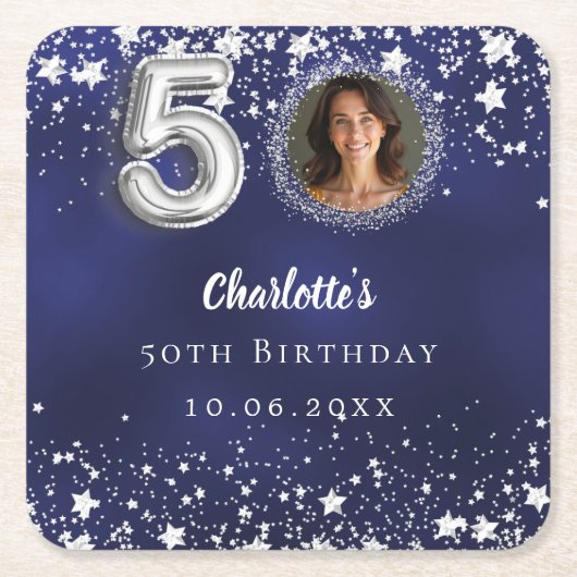 50歳の誕生日ネイビー・ブルー・シルバー・スターズの写真 スクエアペーパーコースター (正面)