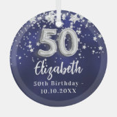 50歳の誕生日ネイビー・ブルー・シルバー・スターズ ガラスオーナメント (正面)