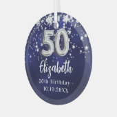 50歳の誕生日ネイビー・ブルー・シルバー・スターズ ガラスオーナメント (正面左)
