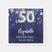 50歳の誕生日ネイビー・ブルー・シルバー・スターズ スタンダードカクテルナプキン (正面)