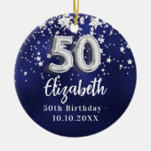 50歳の誕生日ネイビー・ブルー・シルバー・スターズ セラミックオーナメント (正面)
