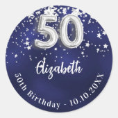 50歳の誕生日ネイビー・ブルー・シルバー・スターズ ラウンドシール (正面)