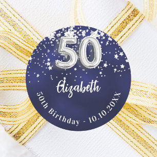 50歳の誕生日ネイビー・ブルー・シルバー・スターズ ラウンドシール