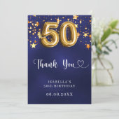 50歳の誕生日ネイビー・ブルー・金ゴールド サンキューカード (スタンド正面)