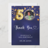 50歳の誕生日ネイビー・ブルー・金ゴールド・スターズ写真 サンキューカード (正面)