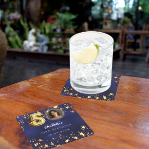 50歳の誕生日ネイビー・ブルー・金ゴールド・スターズ写真 スクエアペーパーコースター