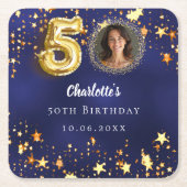 50歳の誕生日ネイビー・ブルー・金ゴールド・スターズ写真 スクエアペーパーコースター (正面)