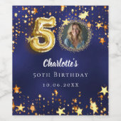 50歳の誕生日ネイビー・ブルー・金ゴールド・スターズ写真 ワインラベル (シングルラベル)