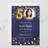 50歳の誕生日ネイビー・ブルー・金ゴールド・スターズ写真 招待状 (正面)