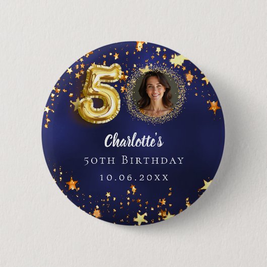 50歳の誕生日ネイビー・ブルー・金ゴールド・スターズ写真 缶バッジ (正面)