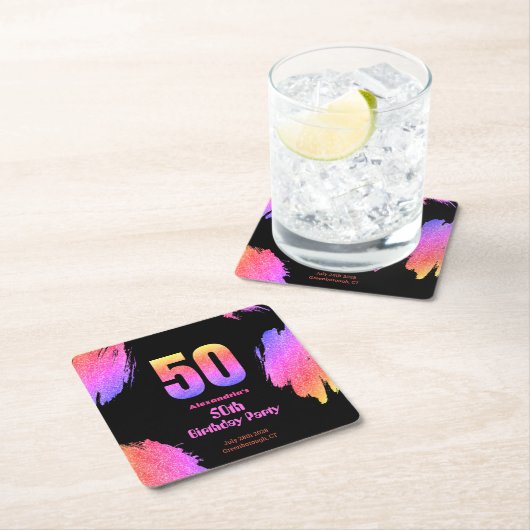50歳の誕生日ネオンピンクグリッターパーティー スクエアペーパーコースター (インサイチュ)