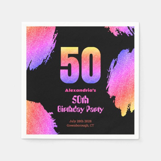 50歳の誕生日ネオンピンクグリッターパーティー スタンダードカクテルナプキン (正面)