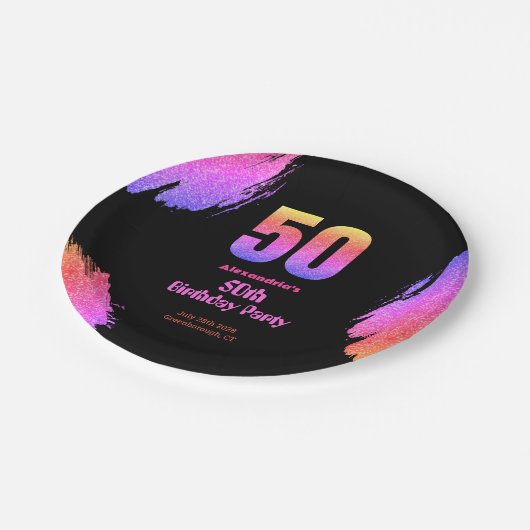 50歳の誕生日ネオンピンクグリッターパーティー ペーパープレート (アングル)