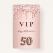 50歳の誕生日バラ金ゴールドグリッターはピンクのガラスを乾燥 バッジ (正面)