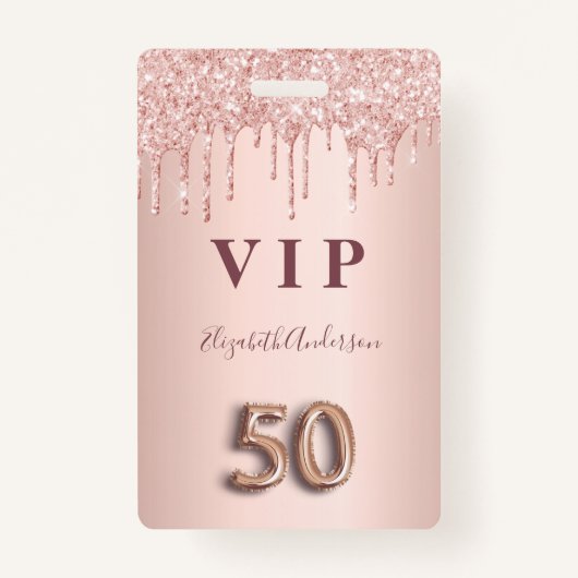 50歳の誕生日バラ金ゴールドグリッターはピンクのガラスを乾燥 バッジ (正面)