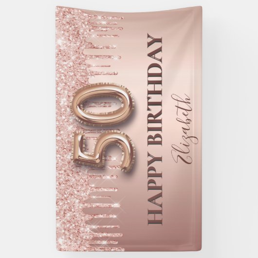 50歳の誕生日バラ金ゴールドグリッターピンクバルーンスタイル 横断幕 (縦)
