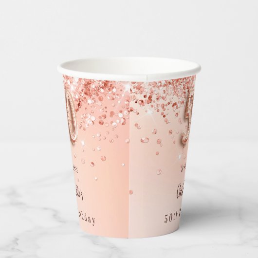 50歳の誕生日バラ金ゴールドグリッターモノグラム名 紙コップ (右)