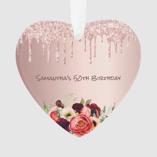 50歳の誕生日バラ金ゴールドドリップピンク花模様 オーナメント (正面)