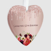 50歳の誕生日バラ金ゴールドドリップピンク花模様 オーナメント (正面)