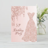 50歳の誕生日バラ金ゴールドドレスグリッタードリップ 招待状 (スタンド正面)