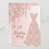 50歳の誕生日バラ金ゴールドドレスグリッタードリップ 招待状 (正面/裏面)