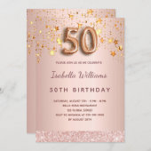 50歳の誕生日バラ金ゴールドピンク星バルーンスクリプト 招待状 (正面/裏面)