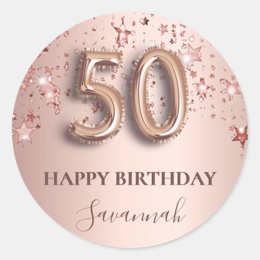 50歳の誕生日バラ金ゴールドピンク星バルーンフォント ラウンドシール (正面)
