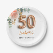 50歳の誕生日バラ金ゴールドフローラユーカリエレガント ペーパープレート (正面)