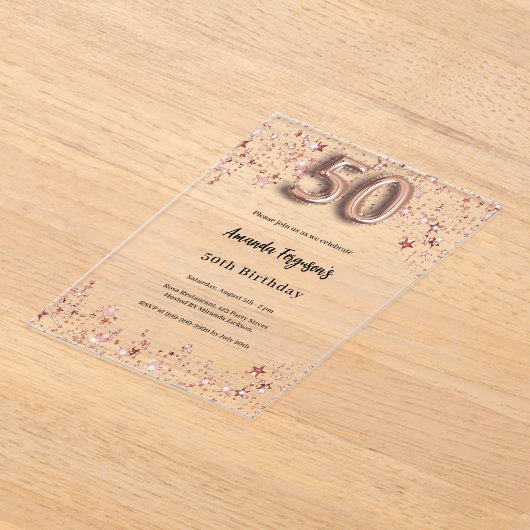 50歳の誕生日バラ金ゴールド星澄んパーティー アクリル招待状 (レイダウン)