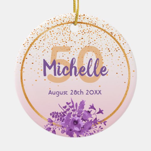 50歳の誕生日バラ金ゴールド紫花模様 セラミックオーナメント (正面)