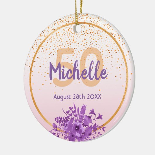 50歳の誕生日バラ金ゴールド紫花模様 セラミックオーナメント (左)
